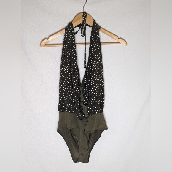 Escape by Blu Pepper Forest Green Polka Dot Sz Large Bodysuit Halter Tie - Picture 1 of 9